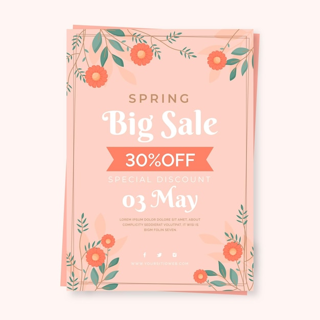 Flat spring sale flyer template with flowers
