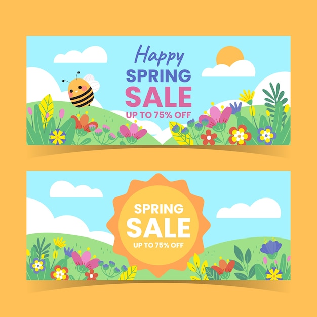 Flat spring sale horizontal banners set