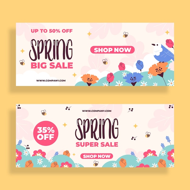 Flat spring sale horizontal banners set