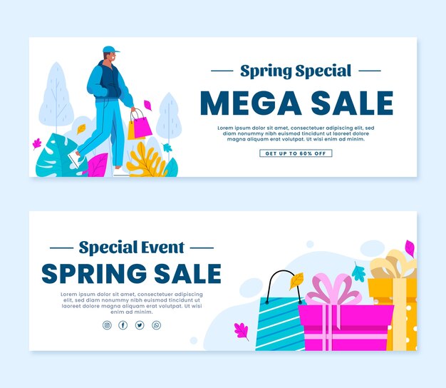 Flat spring sale horizontal banners set