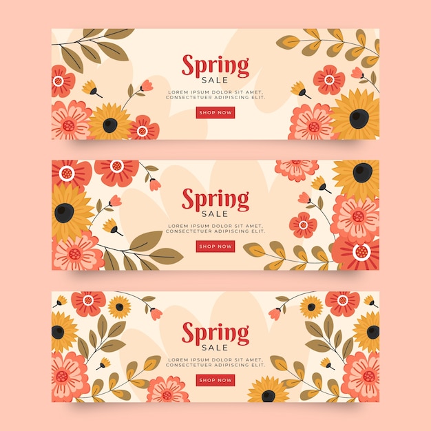 Free vector flat spring sale horizontal banners set