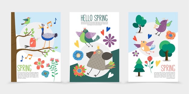 Flat spring time romantic posters with blooming pretty flowers singing birds sitting on tree branches