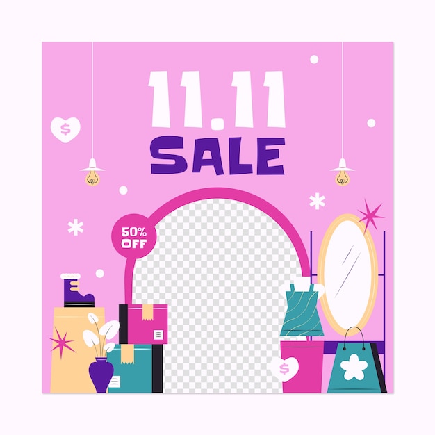 Free vector flat square banner template for 11.11 sale event