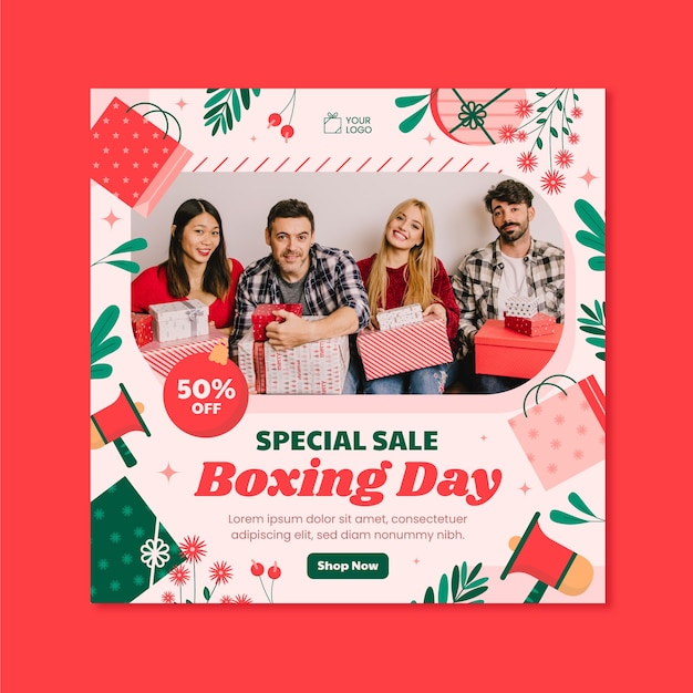 Flat square banner template for boxing day shopping and sales