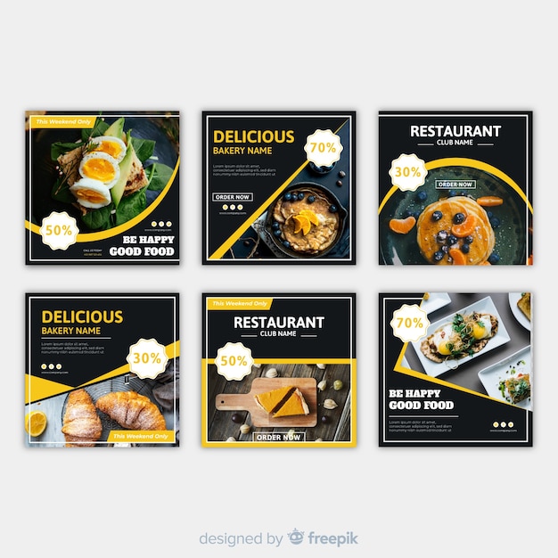Vettore gratuito banner fotografico di cibo quadrato piatto