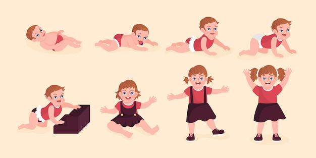Free vector flat stages of a baby girl set