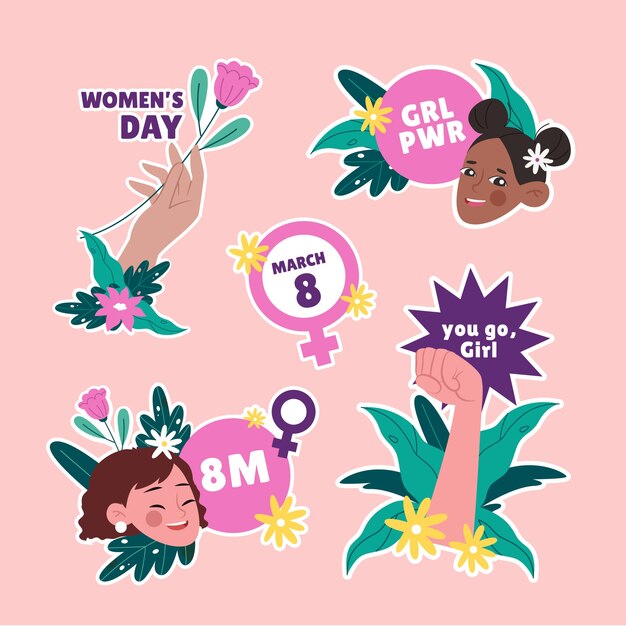 국제 여성의 날 축하를 위한 플래트 스티커 컬렉션.