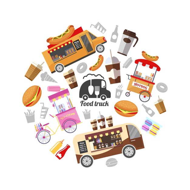 Flat street food round  with food illustration