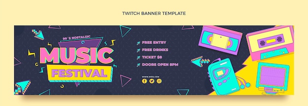 Free vector flat style 90s nostalgic music festival twitch banner