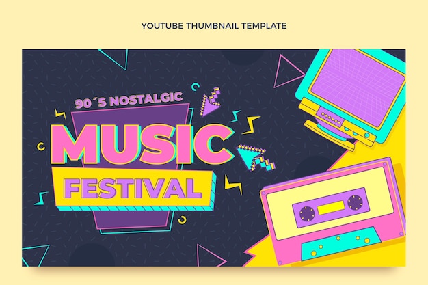 무료 벡터 플랫 스타일 90년대 향수를 불러일으키는 음악 축제 youtube 미리보기 이미지