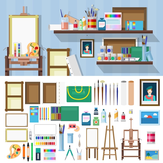 Flat style art workshop s objects kit. Illustration set to build artist workplace. Kits collection.