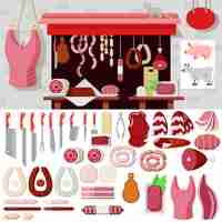 Free vector flat style butcher shop workplace s objects kit  mockup. icon set meat products tools to build butchery. kits collection.