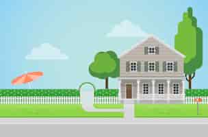 Free vector flat style countryside family house with backyard lawn concept.