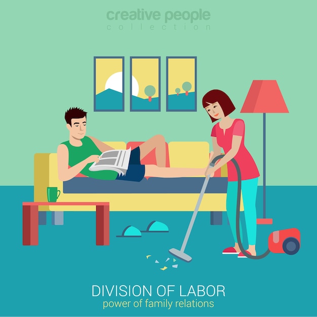 Free vector flat style division of labor lifestyle household domestic relations conflict situation. woman vacuum clean room man lying reading newspaper. creative people collection.