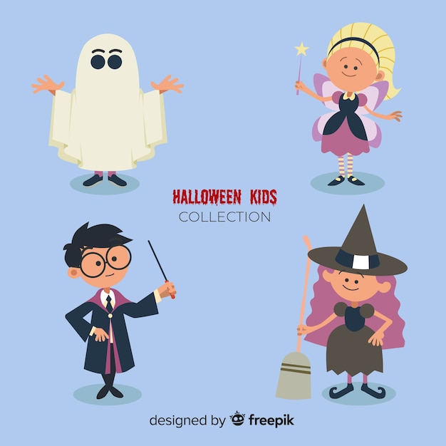 Flat style halloween kids character set