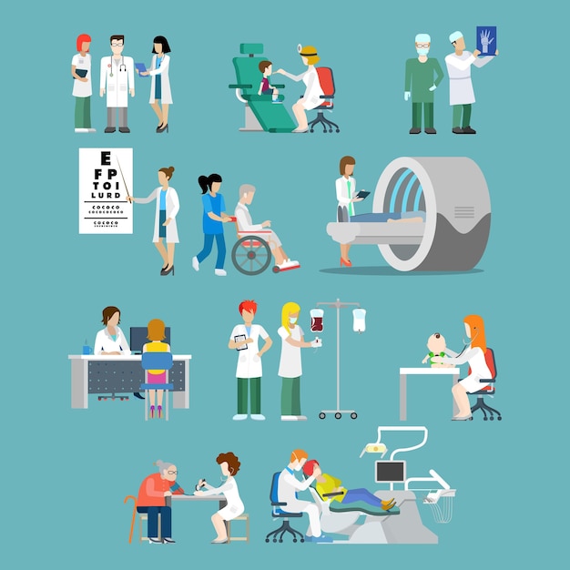 Плоский стиль больничной профессии специалист концепции люди набор иконок для больничной группы пациентов обследование рентгеновской инвалидной коляски МРТ окулист стоматолог педиатр док медсестра.
