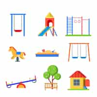 Free vector flat style modern children playground set. slide seesaw wall bars sandbox bench spring wooden horse