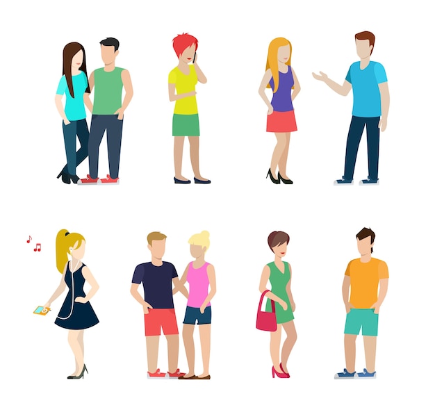 Free vector flat style modern people in casual clothes  situations      set. couples  dating isolated. men women lifestyle .