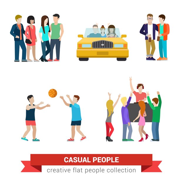 Flat style modern people casual clothes situations      set. Young couple in car friends basketball DJ party. Creative people collection.