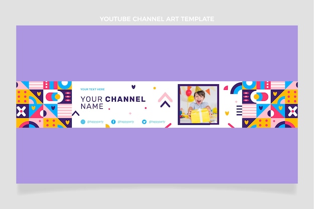 Vettore gratuito canale youtube di compleanno in mosaico in stile piatto