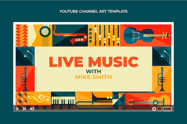 Vettore gratuito canale youtube del festival di musica in mosaico in stile piatto