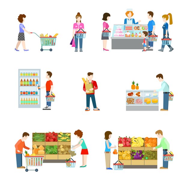 Flat style people figures at shopping mall supermarket grocery shop shelves