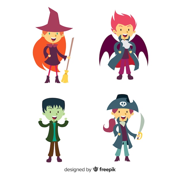 Flat style set of halloween kids characters