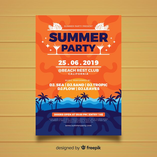 Flat style summer party poster template