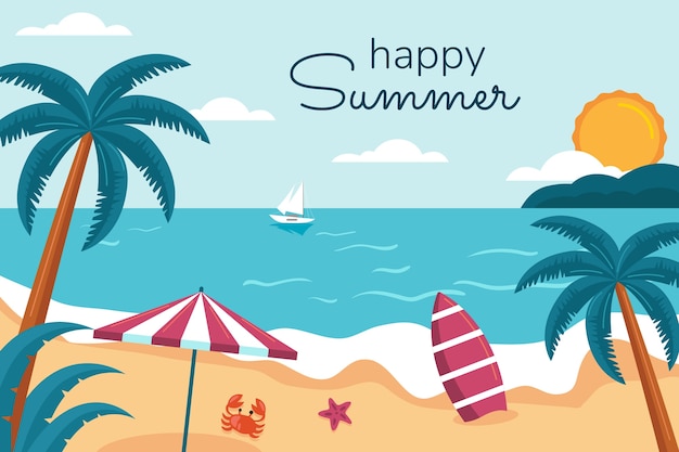 Бесплатное векторное изображение Плоский летний фон с видом на пляж