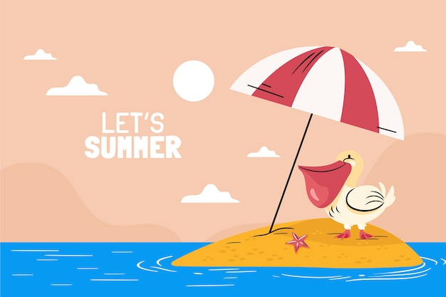 Flat summer background with island and pelican