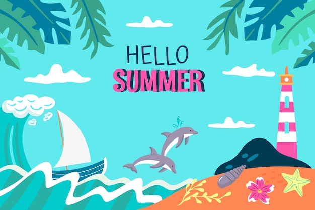 Flat summer background with lighthouse and dolphins