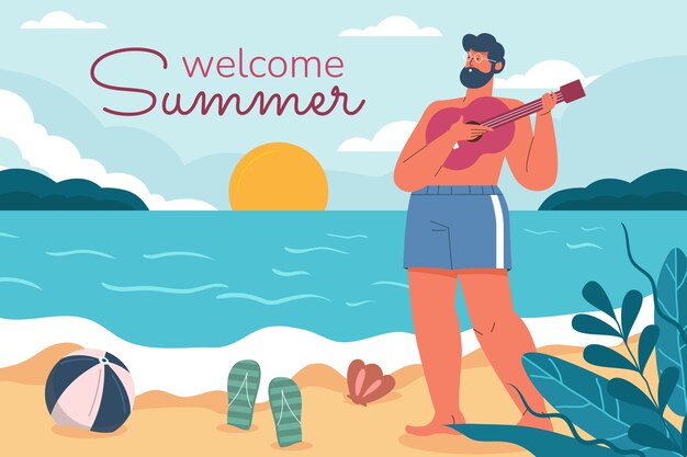 Плоский летний фон с мужчиной, играющим на укулеле на пляже