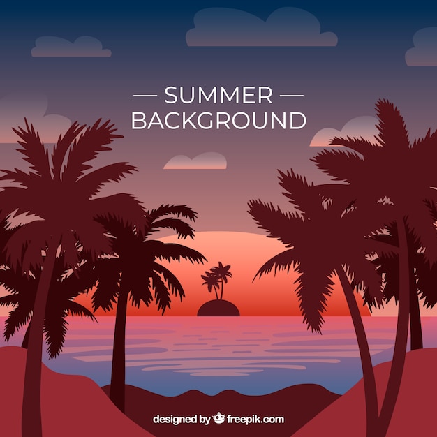 Flat summer background with palm tree silhouettes at sunset