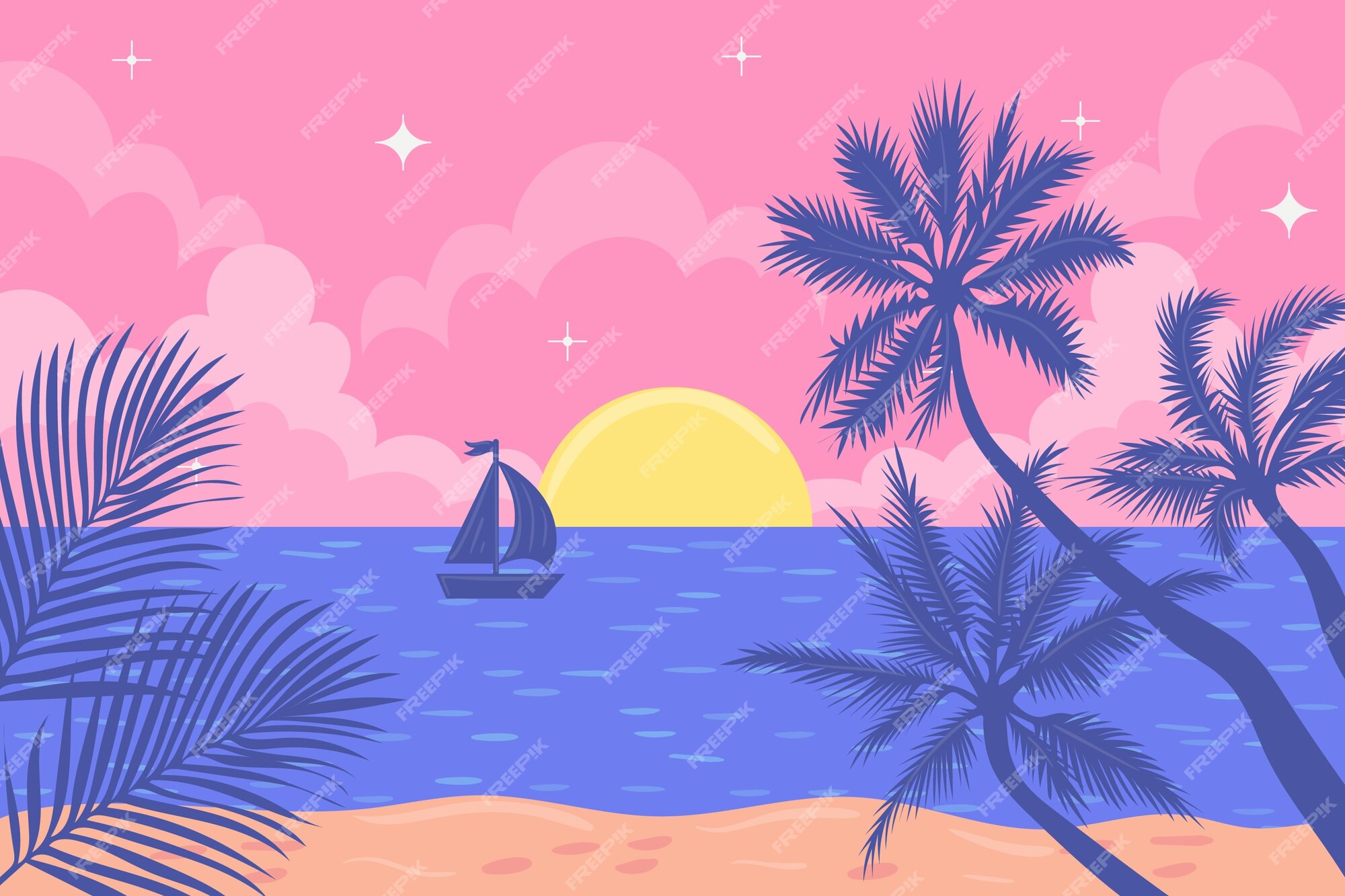 Hand drawn vector abstract cartoon summer time graphic illustrations art  template background with ocean beach landscape,pink sunset,boys and girls  on beach scene and summer never ends typography Stock Vector