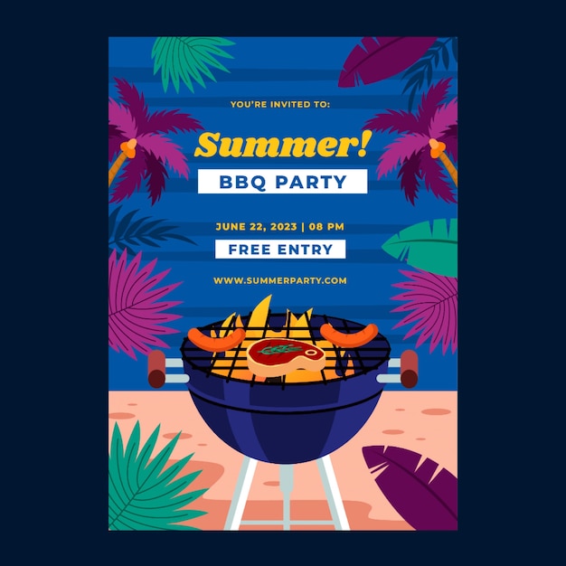 Flat summer barbecue invitation template with grill on beach