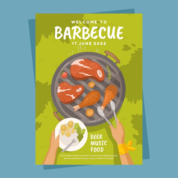 Flat summer barbecue invitation template with grill and food