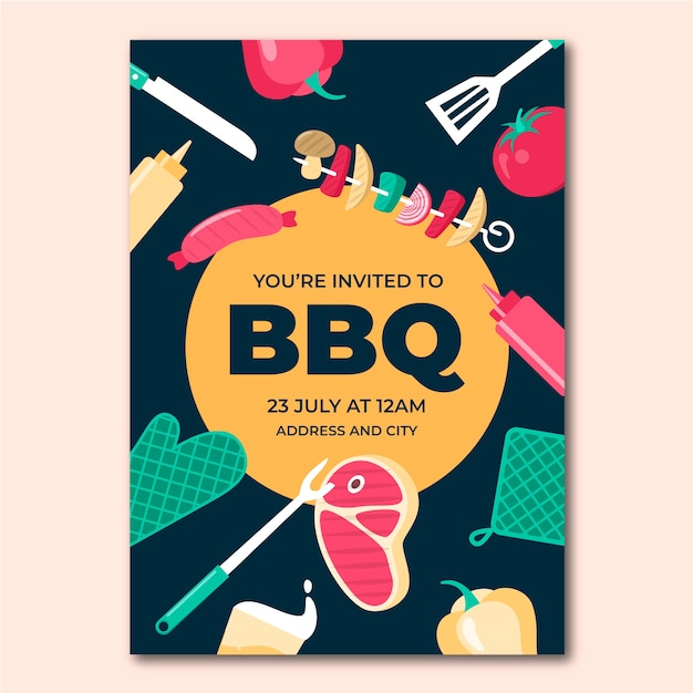 Free vector flat summer barbecue invitation template