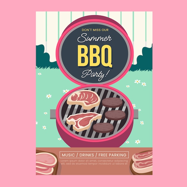 Шаблон плаката плоского летнего барбекю с грилем и едой