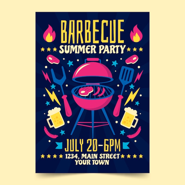 Шаблон плаката плоского летнего барбекю с грилем и едой