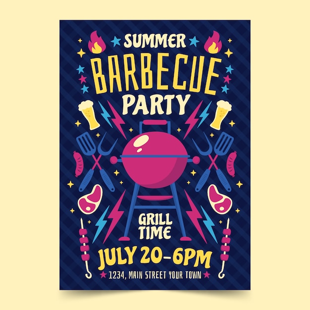 Flat summer barbecue poster template with grill