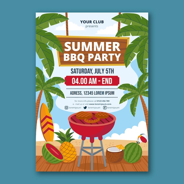 Flat summer barbecue poster template with grill