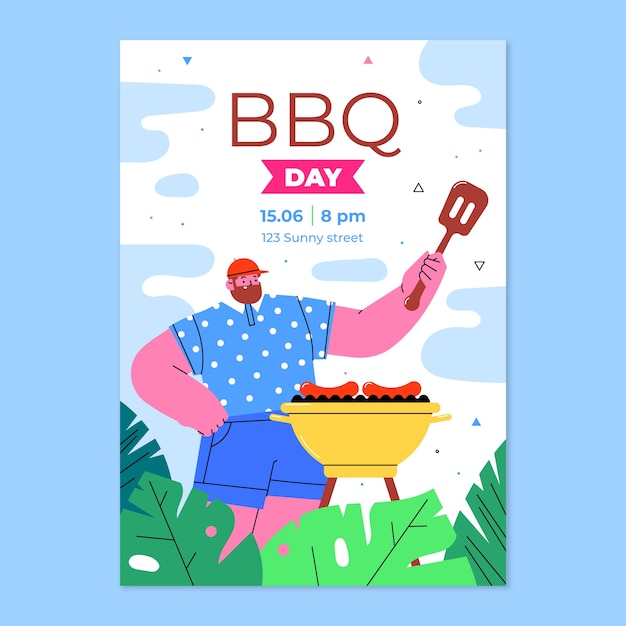 Vettore gratuito modello di poster per barbecue estivo piatto con uomo e griglia