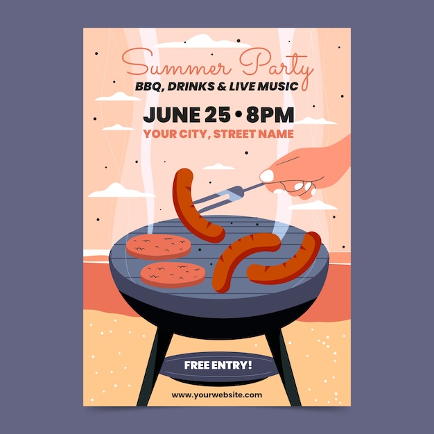 Flat summer bbq poster template with grill and sausages