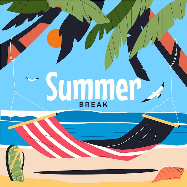 Бесплатное векторное изображение Плоская иллюстрация летних каникул с гамаком на пляже и пальмами