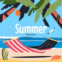 Free vector flat summer break illustration with hammock at the beach and palm trees