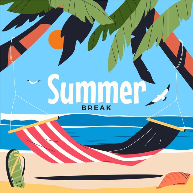 Flat summer break illustration with hammock at the beach and palm trees