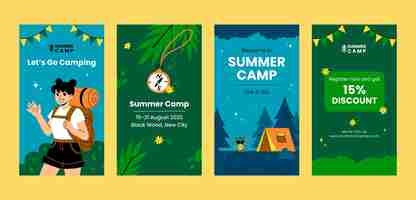 Free vector flat summer camping instagram stories collection