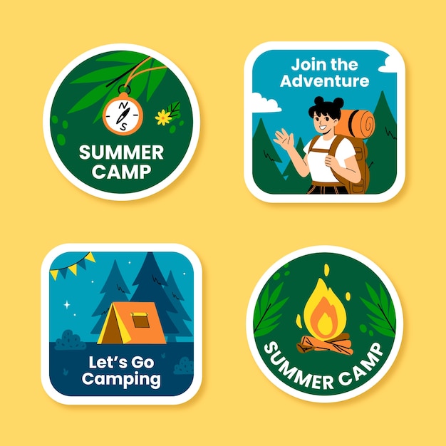 Flat summer camping labels collection