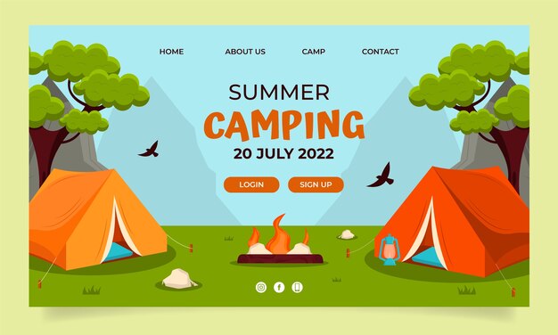 평평한 여름 캠핑 방문 페이지 템플릿