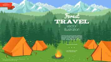 Free vector flat summer camping template with tents and campfire on forest and mountains landscape illustration